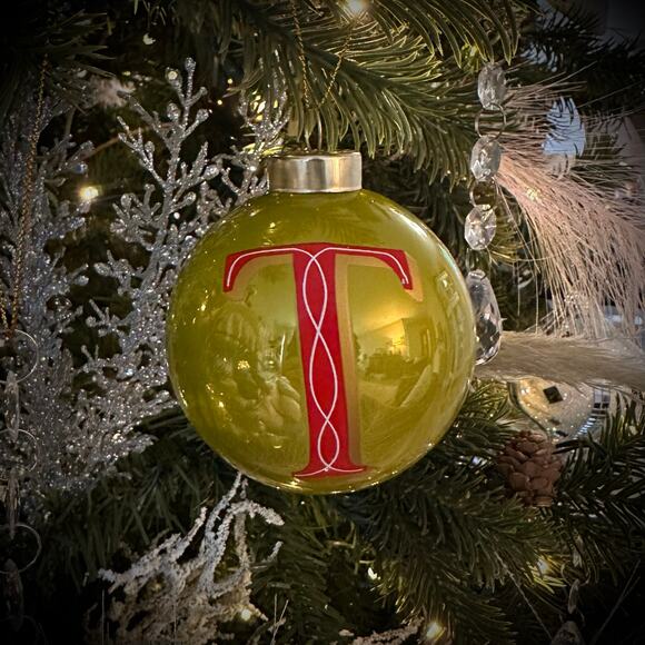 T initial Glass ornament monogram green red gold IN BOX NEW "T" Christmas - Picture 11 of 12